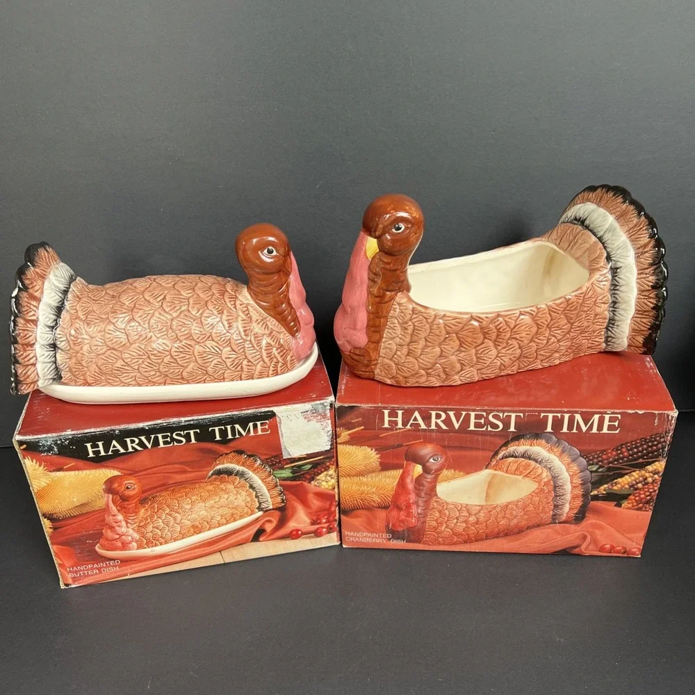 VTG Harvest Time Turkey Butter Dish & Cranberry Dish Thanksgiving Set w Boxes